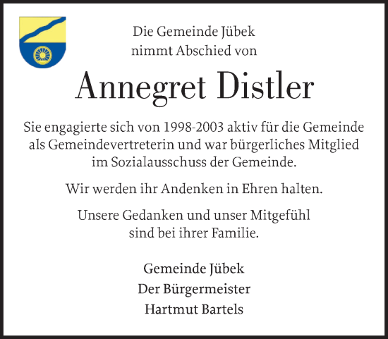 Traueranzeige von Annegret Distler von Schleswiger Nachrichten, Schlei-Bote