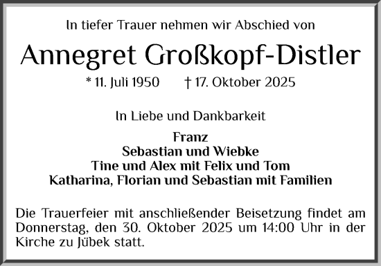 Traueranzeige von Annegret Großkopf-Distler von Schleswiger Nachrichten, Schlei-Bote