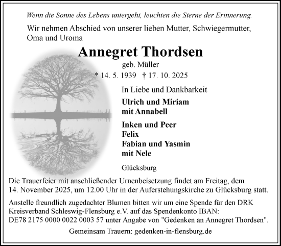 Traueranzeige von Annegret Thordsen von Flensburger Tageblatt