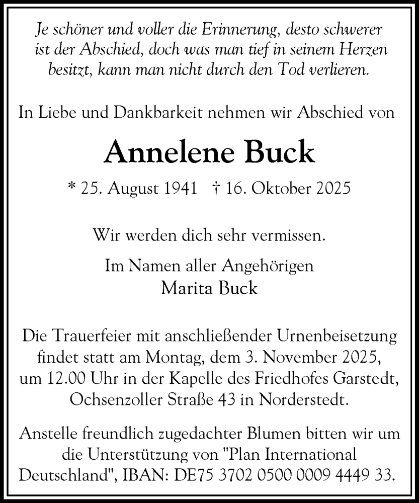  Traueranzeige für Annelene Buck vom 25.10.2025 aus Heimatspiegel