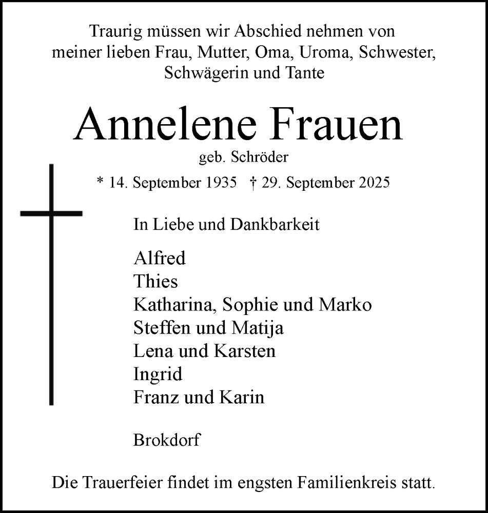  Traueranzeige für Annelene Frauen vom 11.10.2025 aus Norddeutsche Rundschau, Wilstersche Zeitung, Glückstädter Fortuna