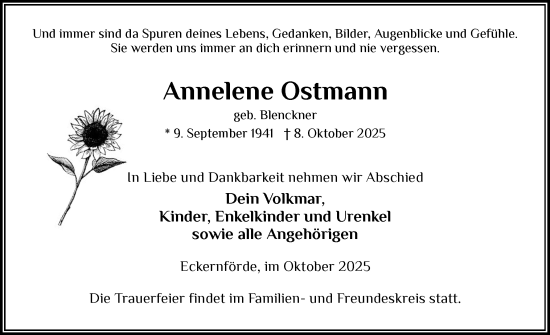 Traueranzeige von Annelene Ostmann von Eckernförder Zeitung, Hallo Eckernförde