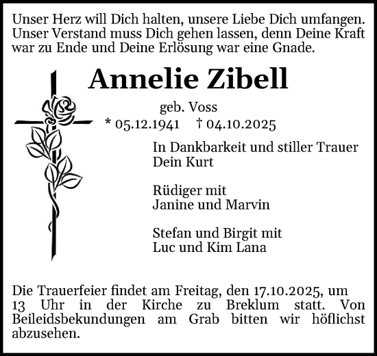 Traueranzeige von Annelie Zibell von Husumer Nachrichten, Nordfriesland Tageblatt