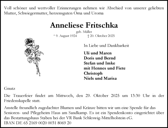 Traueranzeige von Anneliese Fritschka von Schleswig-Holsteinische Landeszeitung