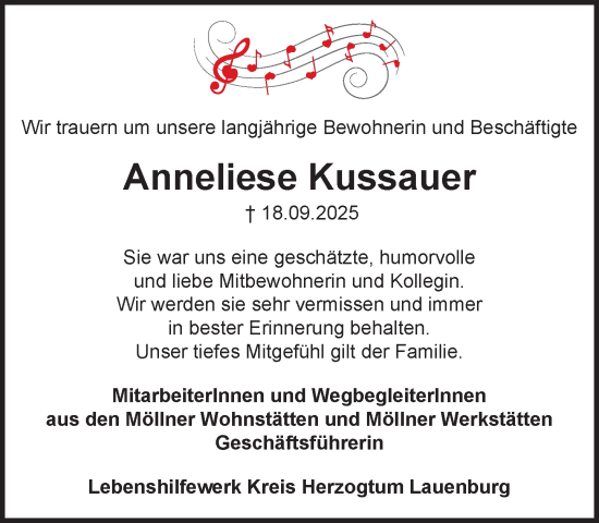 Traueranzeige von Anneliese Kussauer von MARKT Ratzeburg/Mölln