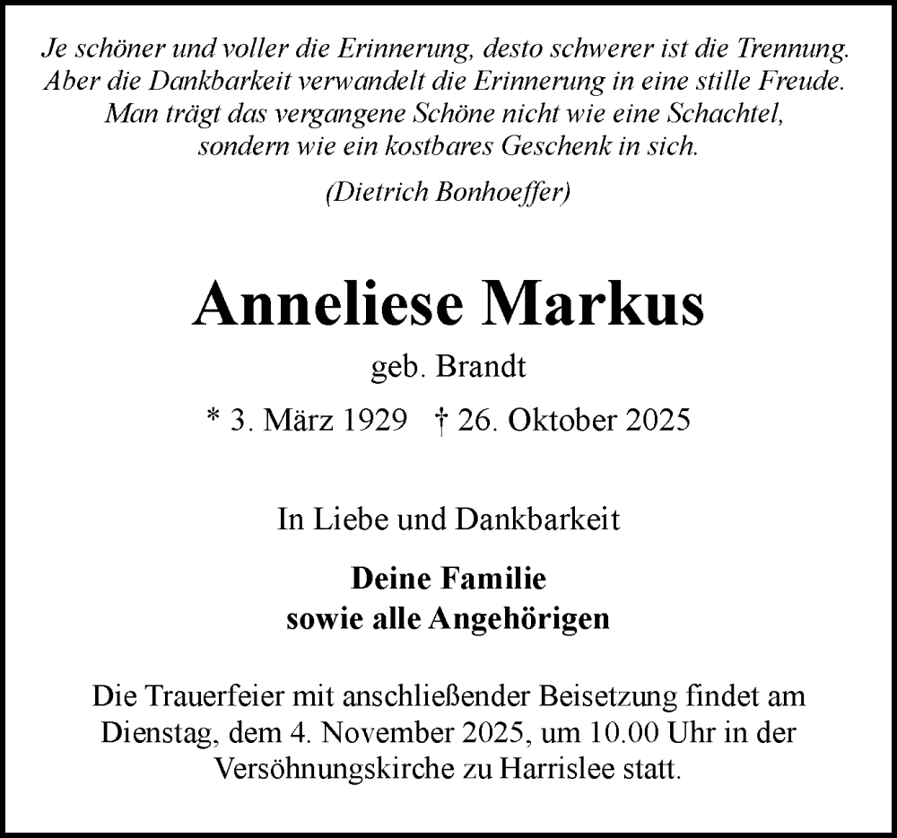  Traueranzeige für Anneliese Markus vom 01.11.2025 aus Flensburger Tageblatt