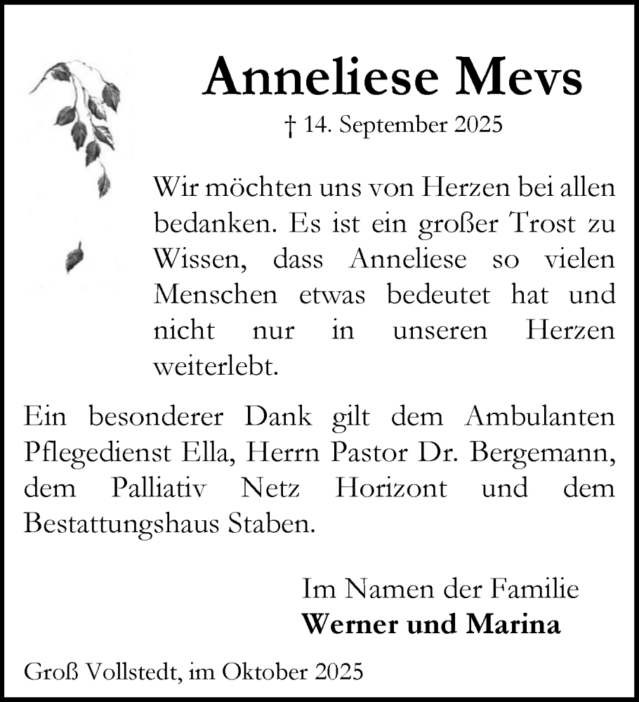  Traueranzeige für Anneliese Mevs vom 25.10.2025 aus Schleswig-Holsteinische Landeszeitung