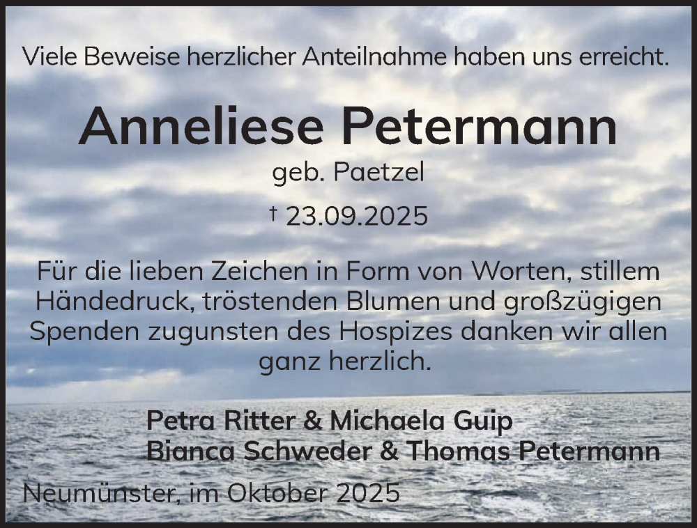  Traueranzeige für Anneliese Petermann vom 18.10.2025 aus Holsteinischer Courier