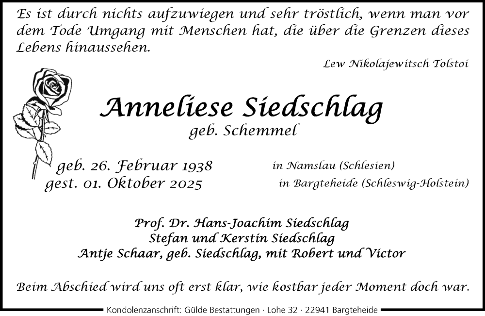  Traueranzeige für Anneliese Siedschlag vom 18.10.2025 aus MARKT Ahrensburg/Bargteheide/Trittau und Stormarner Tageblatt