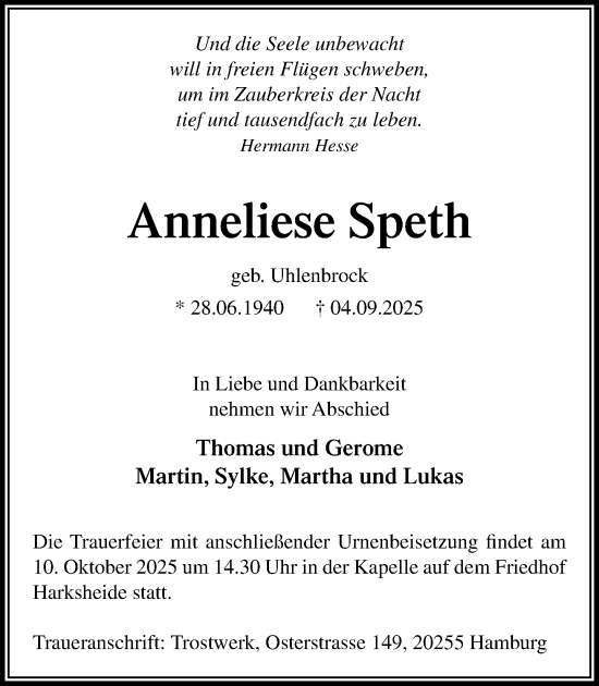 Traueranzeige von Anneliese Speth von Heimatspiegel