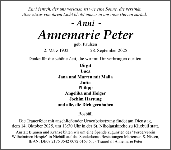 Traueranzeige von Annemarie Peter von Husumer Nachrichten, Nordfriesland Tageblatt