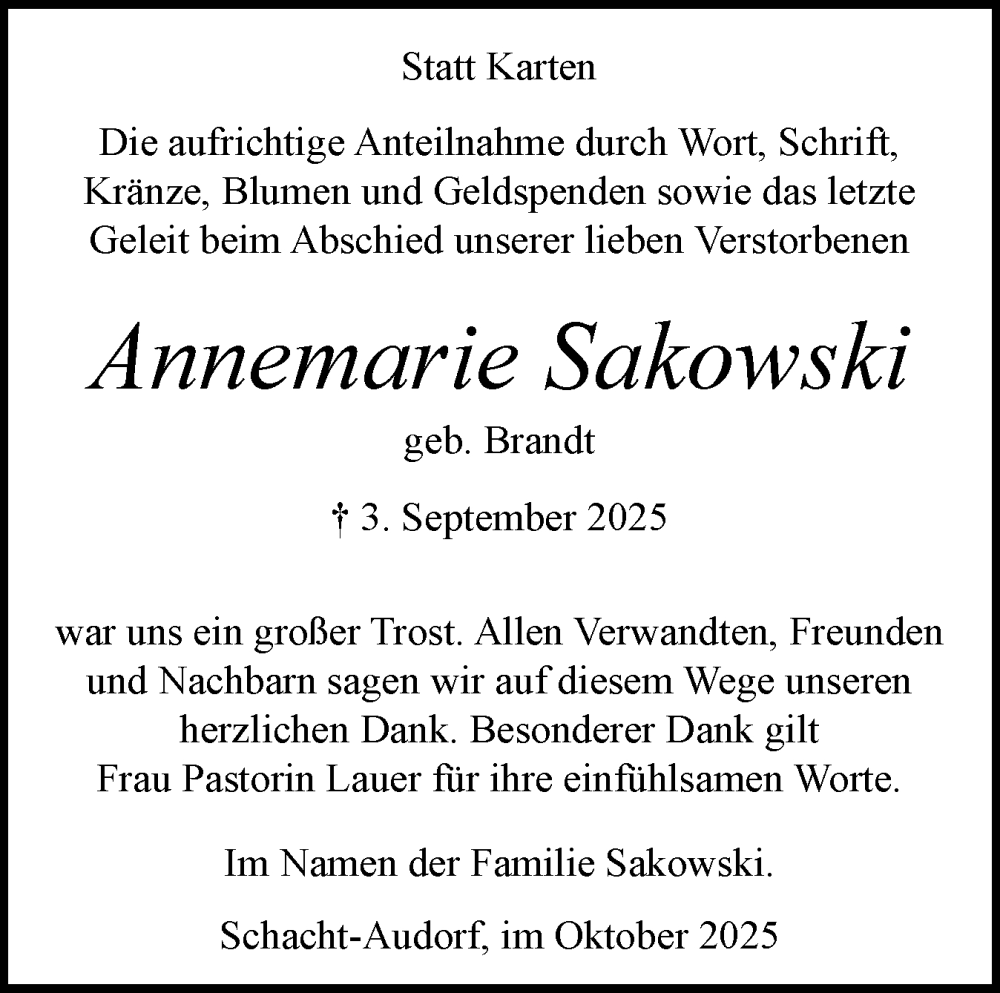  Traueranzeige für Annemarie Sakowski vom 04.10.2025 aus Schleswig-Holsteinische Landeszeitung