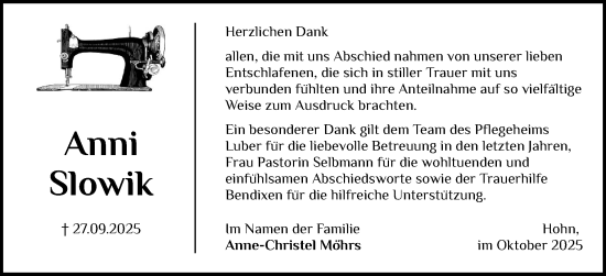 Traueranzeige von Anni Slowik von Schleswig-Holsteinische Landeszeitung