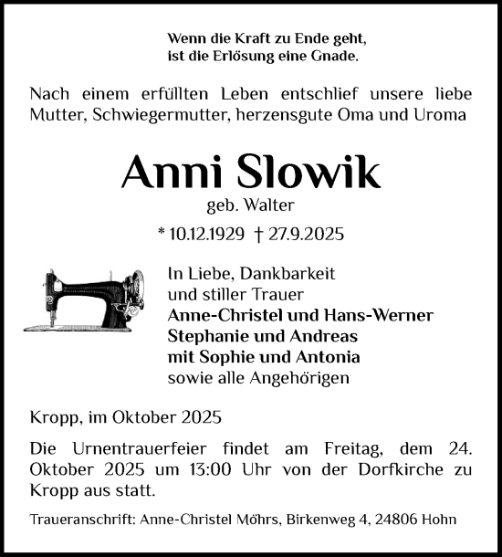 Traueranzeige von Anni Slowik von Schleswig-Holsteinische Landeszeitung