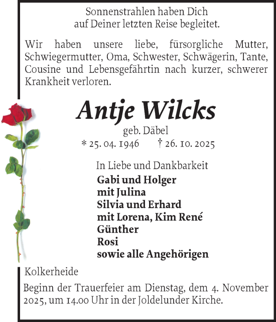 Traueranzeige von Antje Wilcks von Husumer Nachrichten, Nordfriesland Tageblatt