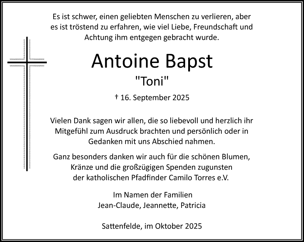 Traueranzeige für Antoine Bapst vom 25.10.2025 aus MARKT Ahrensburg/Bargteheide/Trittau und Stormarner Tageblatt
