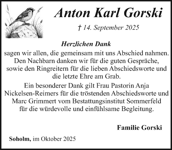 Traueranzeige von Anton Karl Gorski von Husumer Nachrichten, Nordfriesland Tageblatt