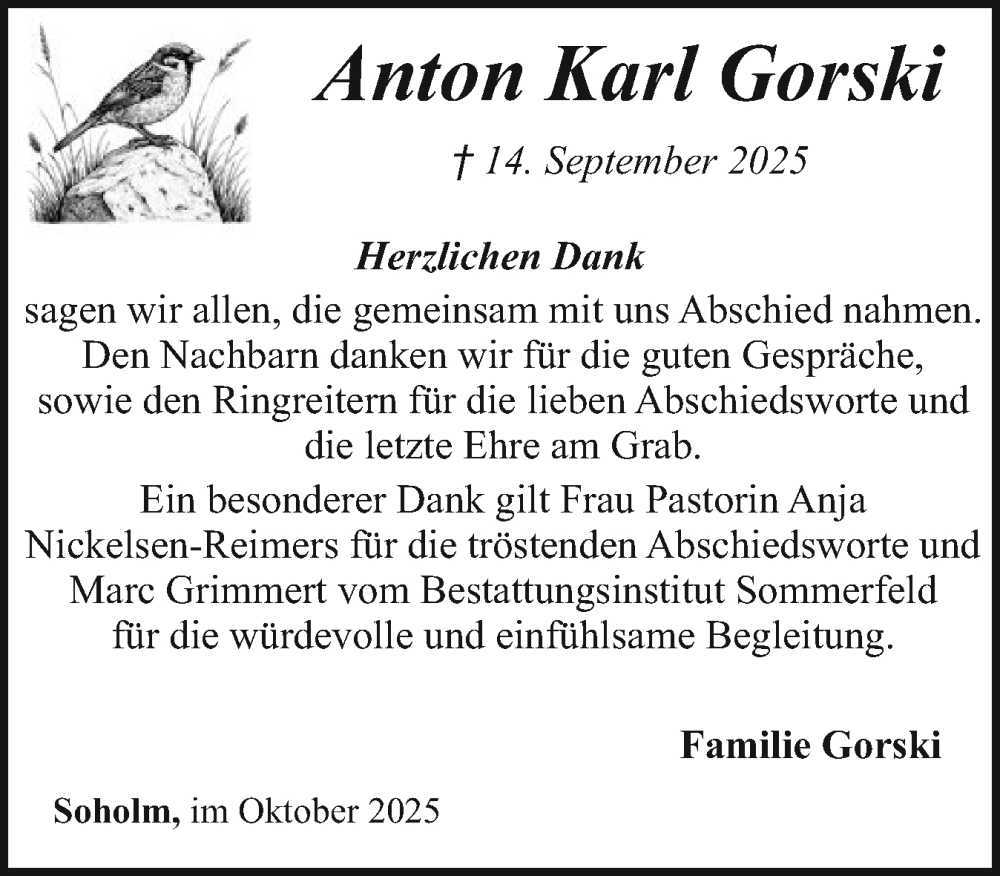  Traueranzeige für Anton Karl Gorski vom 17.10.2025 aus Husumer Nachrichten, Nordfriesland Tageblatt