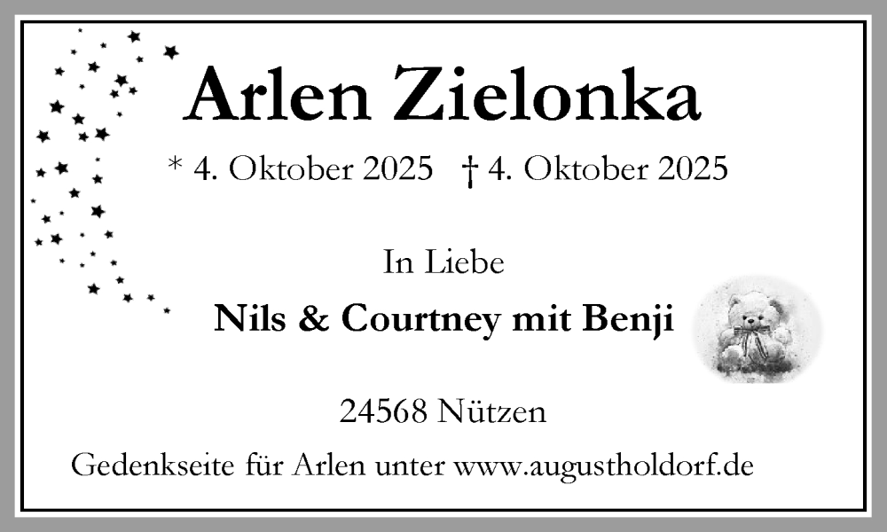  Traueranzeige für Arlen Zielonka vom 11.10.2025 aus Umschau