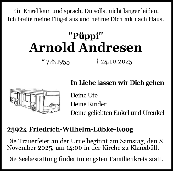 Traueranzeige von Arnold Andresen von Husumer Nachrichten, Nordfriesland Tageblatt