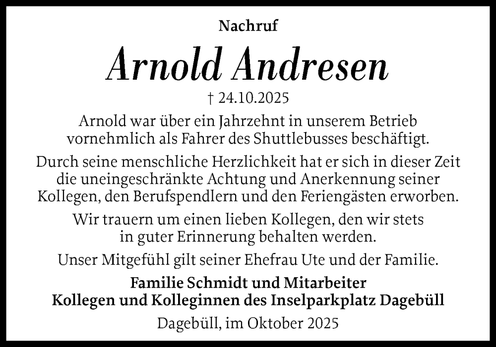  Traueranzeige für Arnold Andresen vom 01.11.2025 aus Husumer Nachrichten, Nordfriesland Tageblatt