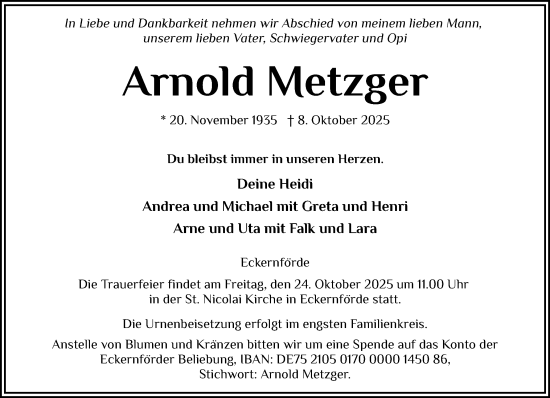 Traueranzeige von Arnold Metzger von Eckernförder Zeitung, Hallo Eckernförde