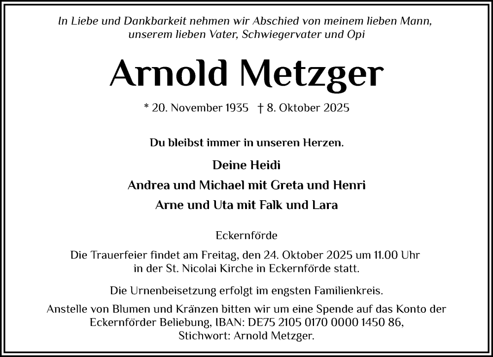  Traueranzeige für Arnold Metzger vom 18.10.2025 aus Eckernförder Zeitung, Hallo Eckernförde