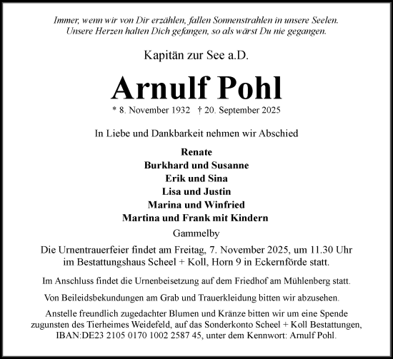 Traueranzeige von Arnulf Pohl von Eckernförder Zeitung, Hallo Eckernförde
