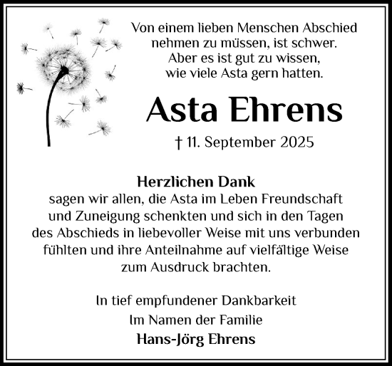 Traueranzeige von Asta Ehrens von Eckernförder Zeitung, Hallo Eckernförde
