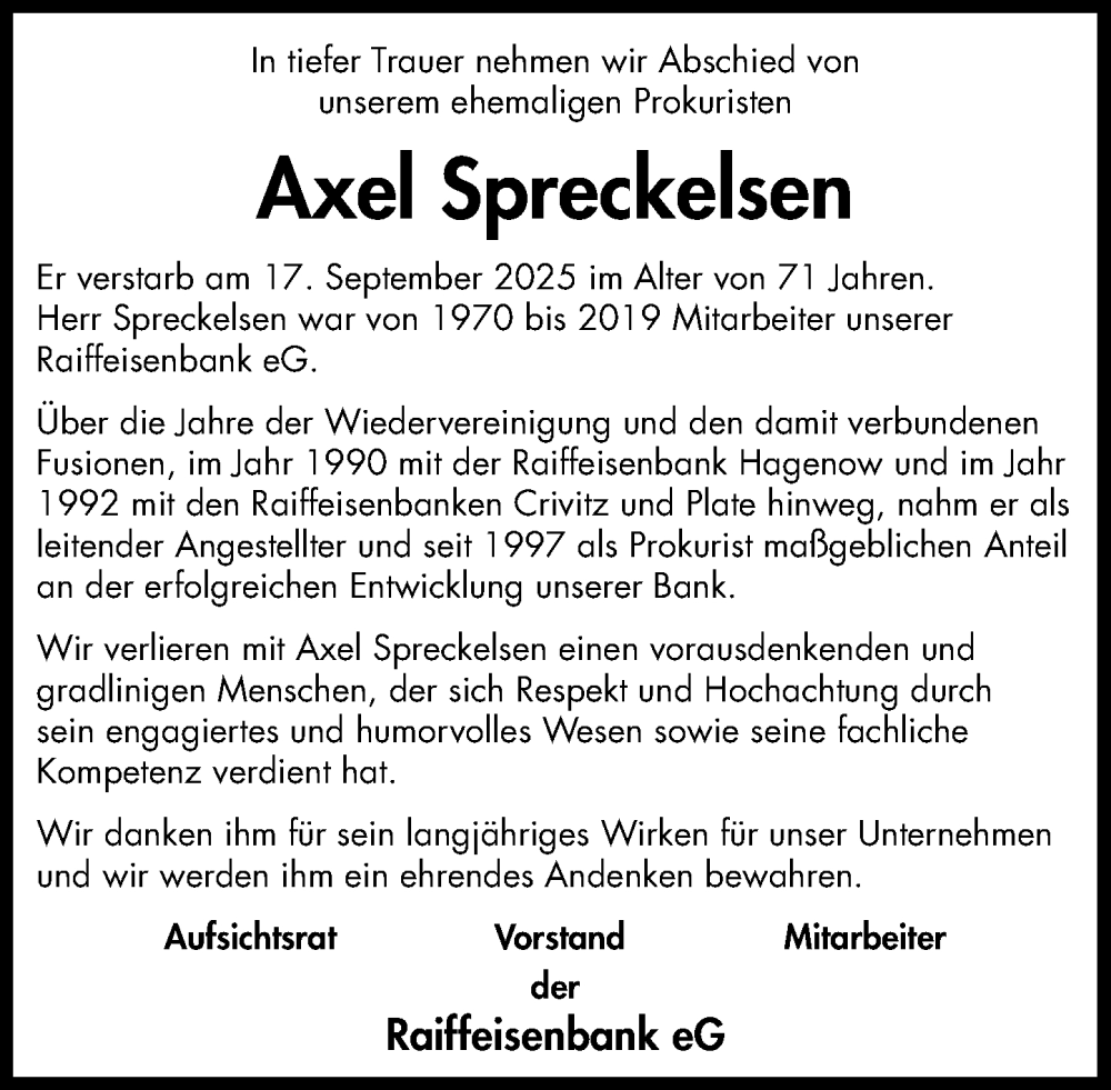  Traueranzeige für Axel Spreckelsen vom 11.10.2025 aus Wochenend Anzeiger