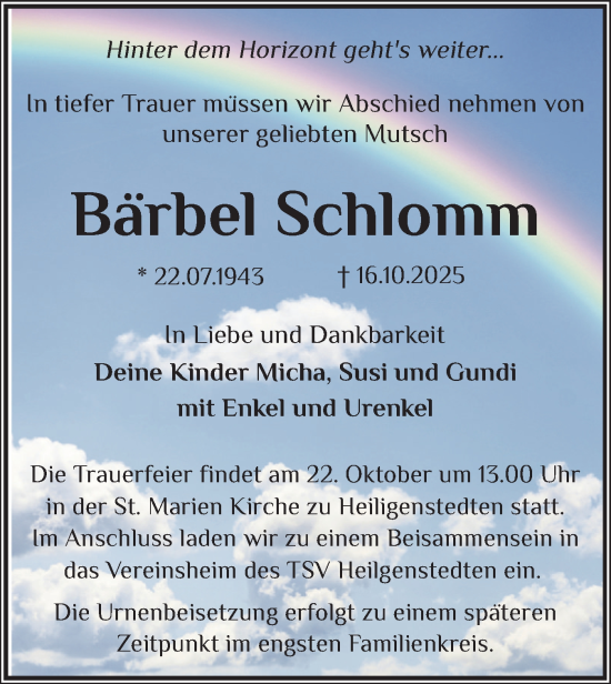 Traueranzeige von Bärbel Schlomm von Norddeutsche Rundschau, Wilstersche Zeitung, Glückstädter Fortuna