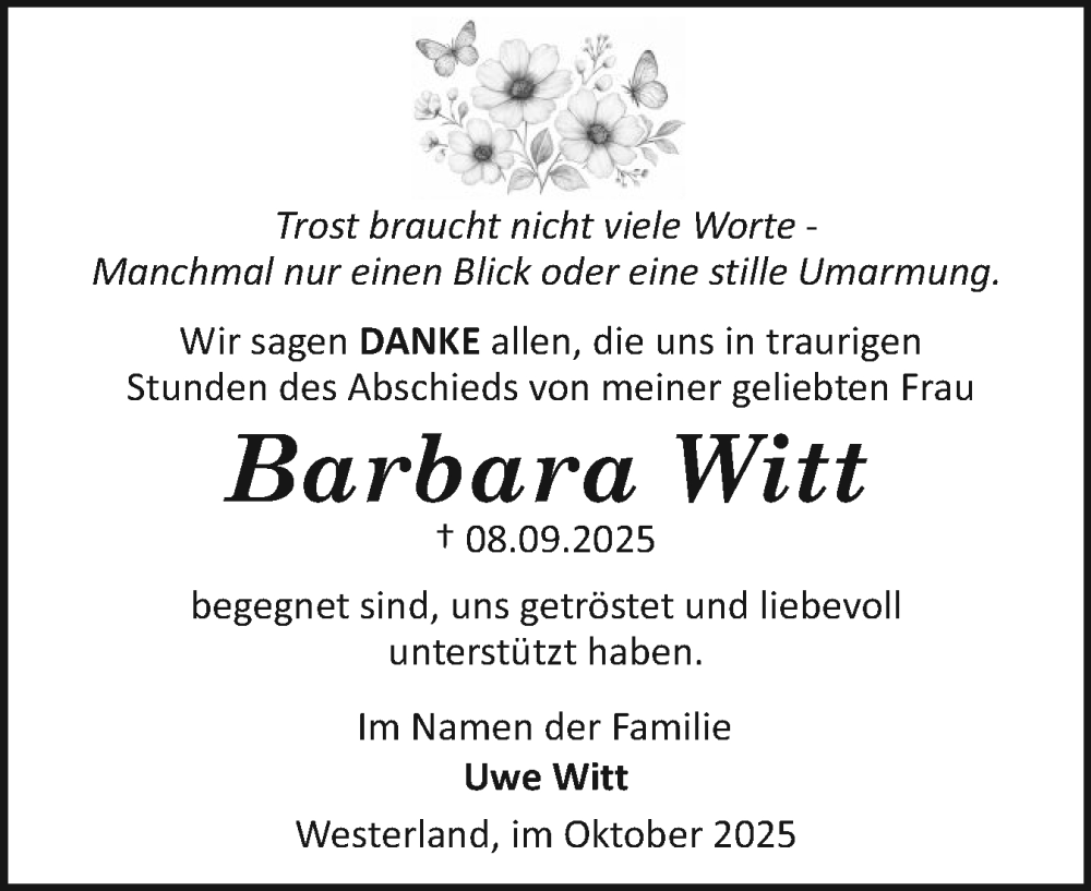 Traueranzeige für Barbara Witt vom 11.10.2025 aus Sylter Rundschau