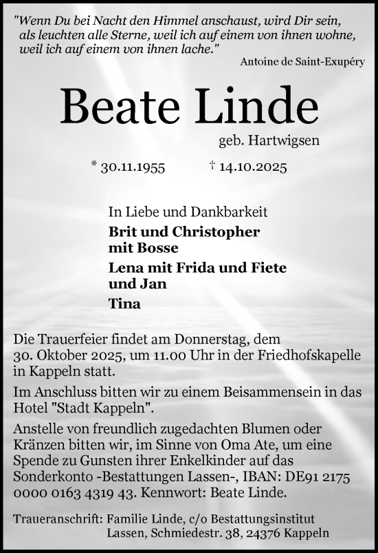Traueranzeige von Beate Linde von Schleswiger Nachrichten, Schlei-Bote