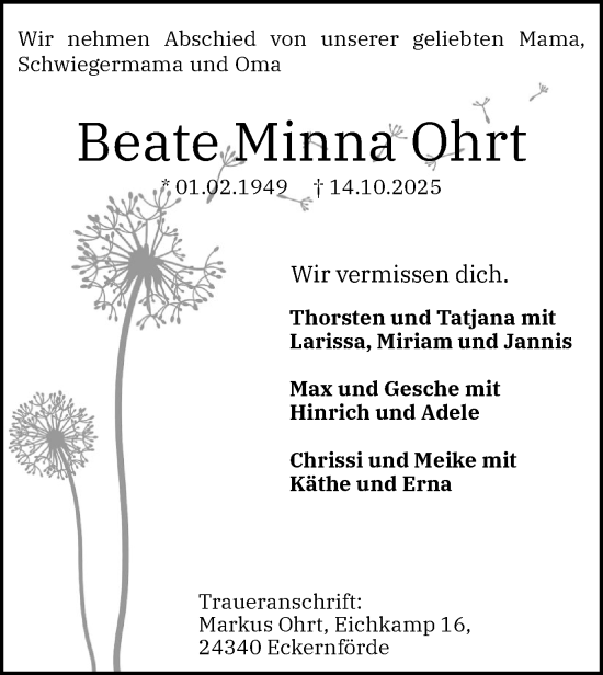 Traueranzeige von Beate Minna Ohrt von Eckernförder Zeitung, Hallo Eckernförde
