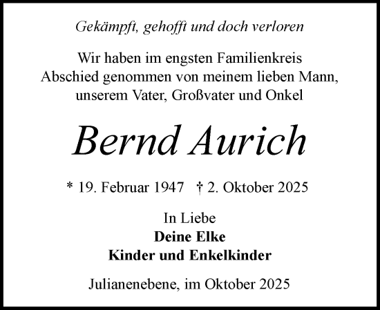 Traueranzeige von Bernd Aurich von Schleswig-Holsteinische Landeszeitung