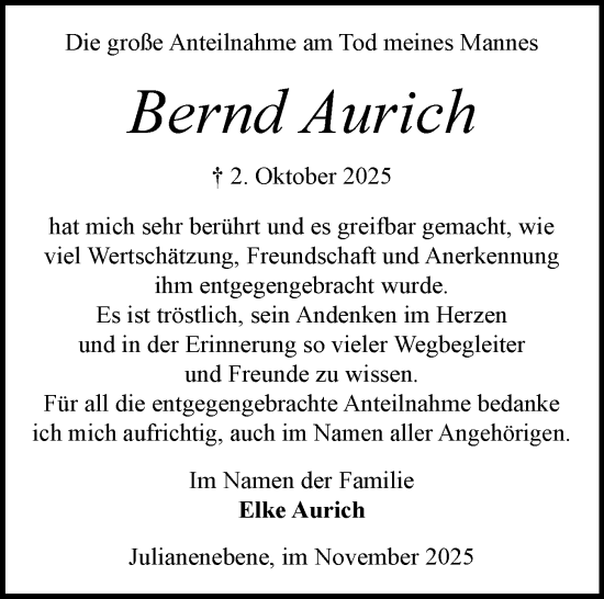 Traueranzeige von Bernd Aurich von Schleswig-Holsteinische Landeszeitung