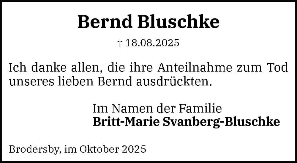  Traueranzeige für Bernd Bluschke vom 18.10.2025 aus Schleswiger Nachrichten, Schlei-Bote