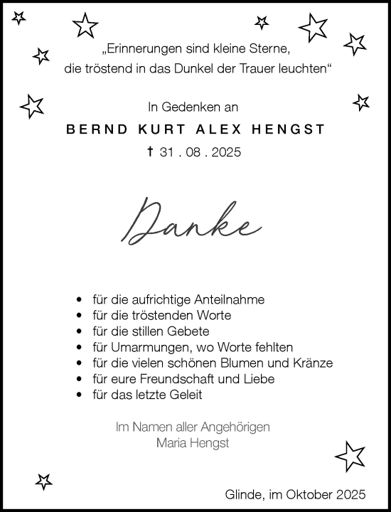 Traueranzeige von Bernd Kurt Alex Hengst von MARKT Glinde/Reinfeld