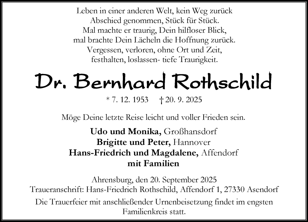  Traueranzeige für Bernhard Rothschild vom 04.10.2025 aus MARKT Ahrensburg/Bargteheide/Trittau und Stormarner Tageblatt