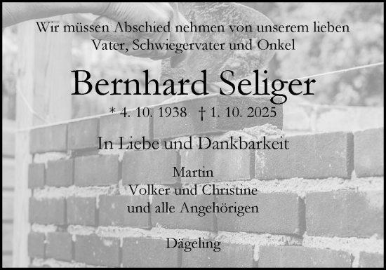 Traueranzeige von Bernhard Seliger von Norddeutsche Rundschau, Wilstersche Zeitung, Glückstädter Fortuna