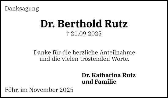 Traueranzeige von Berthold Rutz von Der Insel-Bote