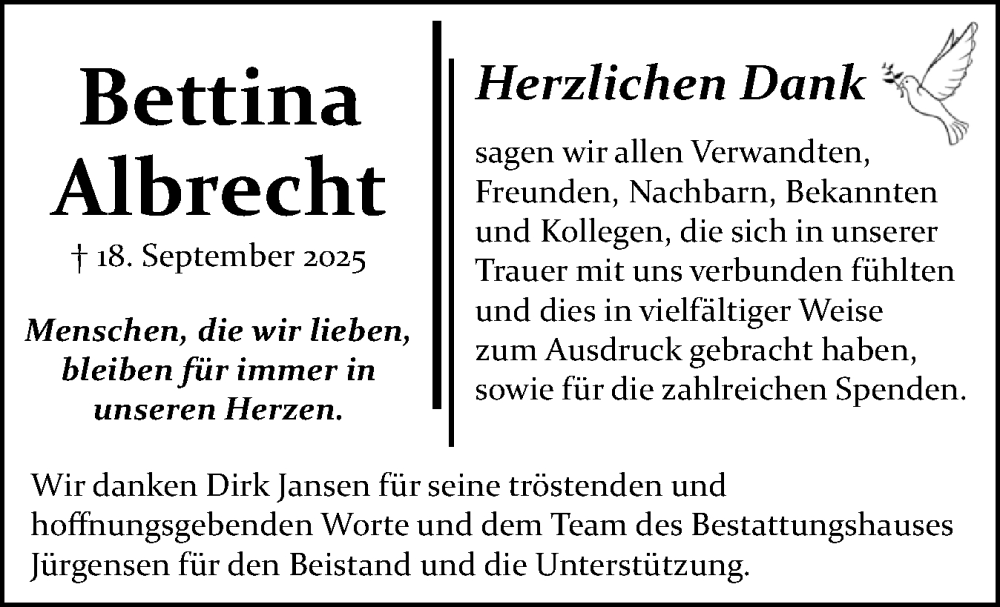  Traueranzeige für Bettina Albrecht vom 18.10.2025 aus Schleswiger Nachrichten, Schlei-Bote