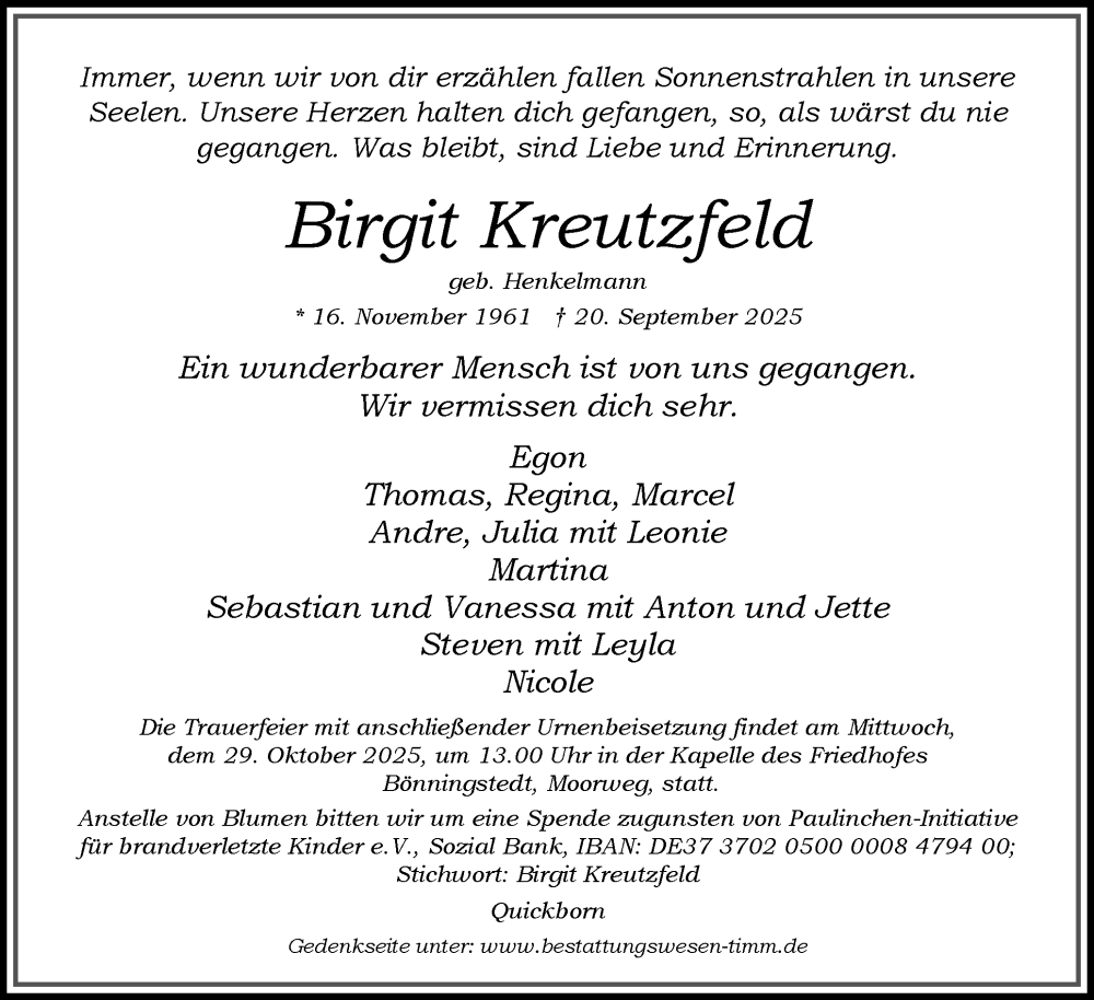  Traueranzeige für Birgit Kreutzfeld vom 18.10.2025 aus Region Pinneberg und tip Pinneberg