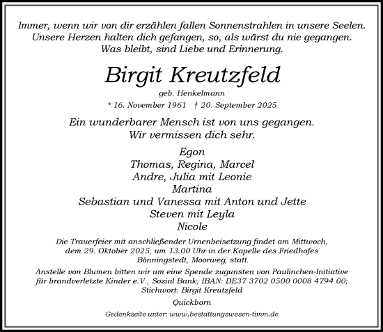 Traueranzeige von Birgit Kreutzfeld von Umschau