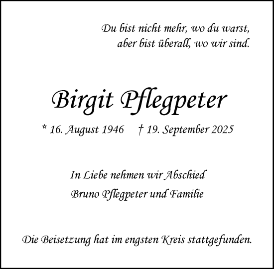 Traueranzeige von Birgit Pflegpeter von MARKT Ahrensburg/Bargteheide/Trittau und Stormarner Tageblatt