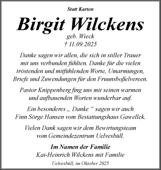 Traueranzeige von Birgit Wilckens von Husumer Nachrichten, Nordfriesland Tageblatt