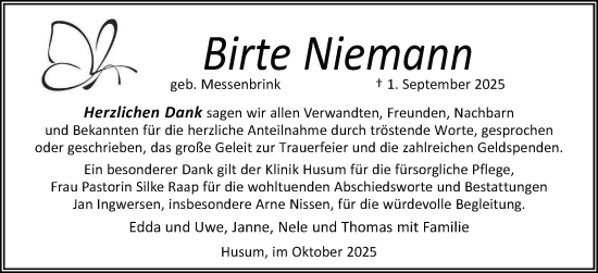 Traueranzeige von Birte Niemann von Husumer Nachrichten, Nordfriesland Tageblatt