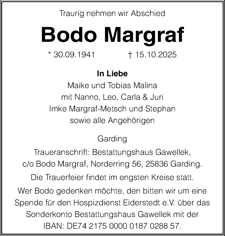  Traueranzeige für Bodo Margraf vom 24.10.2025 aus Husumer Nachrichten, Nordfriesland Tageblatt