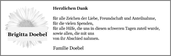 Traueranzeige von Brigitta Doebel von Schleswig-Holsteinische Landeszeitung