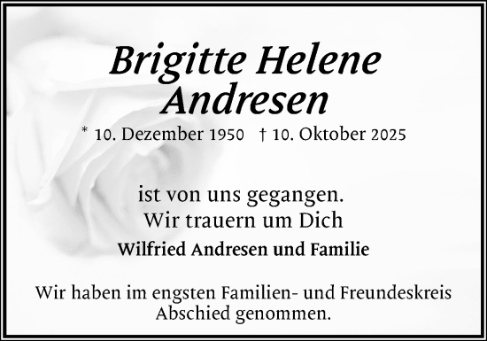 Traueranzeige von Brigitte Helene Andresen von Flensburger Tageblatt